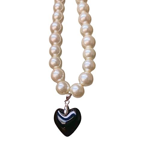 BABYVIVA Halsketten für Frauen, europäische und amerikanische Liebe, Anhänger-Halskette, Nachahmung, Perlen, Nische, herzförmige Pulloverkette, Valentinstagsgeschenk, 38 cm, Imitationsperle von BABYVIVA