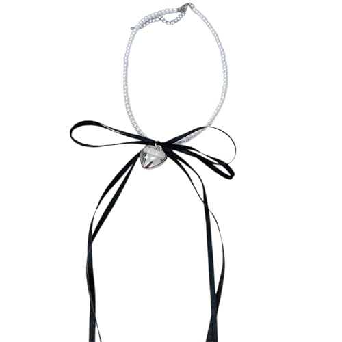 BABYVIVA Halsketten für Frauen, modische Bowknot-Herz-Halskette, verstellbare Länge, Schlüsselbein-Kette, Imitationsperlen mit Perlen, Choker für den täglichen Gebrauch, 35+5cm, Legierung + von BABYVIVA