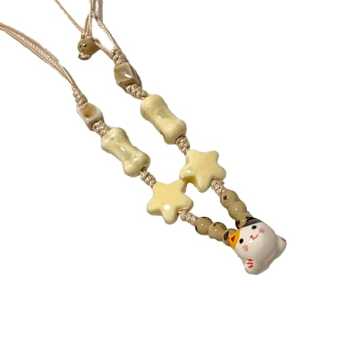 BABYVIVA Halsketten für Frauen, niedliche Keramik-Katzen-Anhänger-Halskette mit verstellbarer Kordel Stern Knochen Perle Pullover Kette für Freunde Paare niedlicher Choker, Telescopic adjustable von BABYVIVA