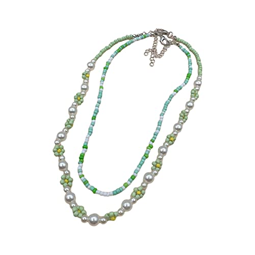 BABYVIVA Halsketten für Frauen, süße süße Blumen-Perlen-Halskette, doppellagige Perlen-Halskette, Modeschmuck, elegante Schlüsselbeinkette, Geschenk, 43 cm, Meter-Perlen von BABYVIVA