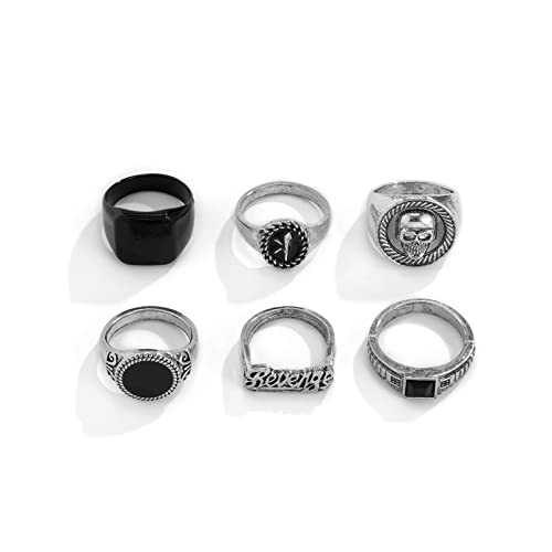 BABYVIVA Ringe für Damen, 6 Stück, Vintage-Stil, schwarze Steinringe für Herren, Gothic-Skelett, Porträt, Paar, Modeschmuck-Set für Damen und Herren, As shown in the figure, Metall von BABYVIVA