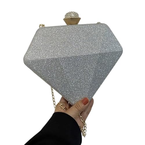 BABYVIVA Tasche für Damen, Abendtasche für Damen, Diamantform, Umhängetasche, modische Umhängetasche, Party, Bankett, Hochzeit, Kette, silber, As shown in the picture (1-3cm error) von BABYVIVA