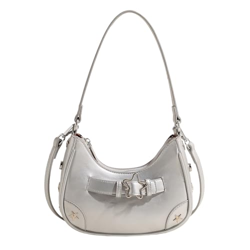 BABYVIVA Tasche für Damen, Vintage-Stil, PU-Leder, Unterarmtasche, modische Schultertasche, Umhängetasche, 90er-Jahre-Stil, ästhetischer Stern, verstellbarer Riemen, Handtasche, silber, As shown in von BABYVIVA