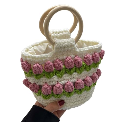 BABYVIVA Tasche für Damen, Vintage-Strickblumen-Eimer-Tasche mit Holzgriff, elegant, gehäkelt, gewebt, Blumenkorb, Tasche, kleine Handtasche, Geldbörse, Rosafarbene runde Handtasche, As shown in the von BABYVIVA