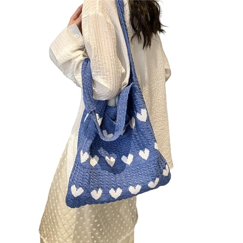 BABYVIVA Tasche für Damen, ästhetische süße Herz-Strick-Umhängetasche, große Kapazität, Unterarm-Handtasche, leicht, gehäkelt, Strand, Crossbody-Tasche, blau, As shown in the picture (error 1-3cm) von BABYVIVA