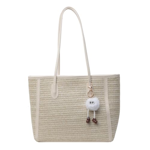 BABYVIVA Tasche für Damen, gewebte Strohtasche, Umhängetasche, elegante Kontrastfarbe, Lederriemen, großes Fassungsvermögen, Handtasche für Strandurlaub, beige, As shown in the picture (error 1-3cm) von BABYVIVA