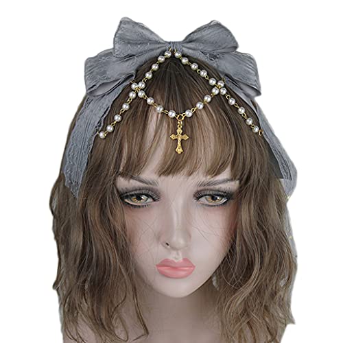 Spitzenbögen Kopfschmuck Mehrschichtiger Spitzenbogen Mit Perlenkette Big Bowknot Stirnband Maid Anime Haarschmuck von BABYVIVA