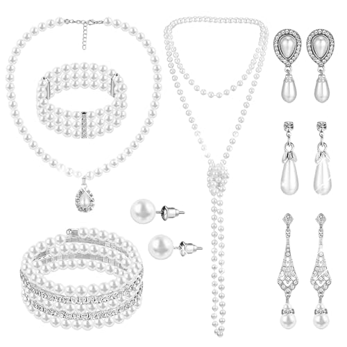 BACH AND BOUJEE Perlen Strass Halskette für Damen Perlenkette Armband Ohrringe für Hochzeit Geburtstag Brautparty Teeparty 1920er Jahre Party Silvesterparty von BACH AND BOUJEE