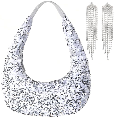 Bling Silber Pailletten Handtasche Abendtaschen für Frauen Damen Funkelnde Party Prom Süße Hobo Clutch Handtasche Tasche von BACH AND BOUJEE