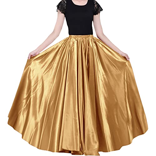 Damen 90 cm Satin Maxi Midirock Langes Kleid Elastische Taille für Bauchtanz Prinzessin Party Cosplay Kostüm, Dark Gold von BACKGARDEN