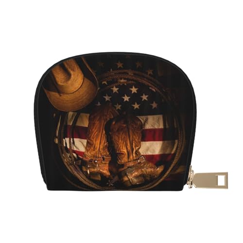 BACKZY Bedruckte und modische halbrunde Ledertasche, Motiv: fallende rote Herzen, geeignet zum Mitnehmen, Amerikanische Flagge mit Cowboystiefeln, Einheitsgröße von BACKZY