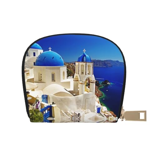 BACKZY Bedruckte und modische halbrunde Ledertasche, geeignet zum Mitnehmen, Santorini Griechische Insel Meerblick, Einheitsgröße von BACKZY