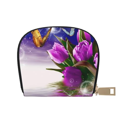 BACKZY Bedruckte und modische halbrunde Ledertasche, geeignet zum Mitnehmen, Violett - Purple Tulip, Einheitsgröße von BACKZY