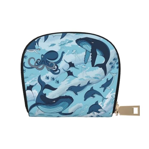 BACKZY Bedruckte und modische halbrunde Ledertasche mit Fisch und Oktopus, geeignet zum Mitnehmen von BACKZY