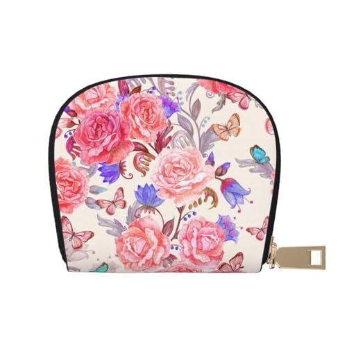 BACKZY Blumen-Rosen-Schmetterling-bedruckte und modische halbrunde Lederschalen-Kartentasche, geeignet zum Mitnehmen von BACKZY