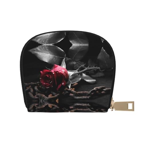 BACKZY Gotische schwarze Rosen bedruckt und modisch, halbrunde Lederhülle, Karten-Tasche, geeignet zum Mitnehmen von BACKZY