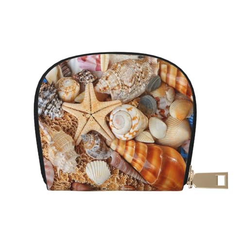 BACKZY Muschel-Landschaft am Strand, bedruckt und modisch, halbrunde Lederhülle, Karten-Tasche, geeignet zum Mitnehmen von BACKZY