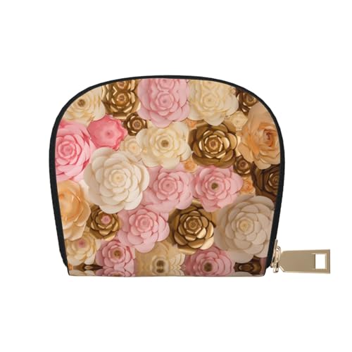 BACKZY Paris Eiffelturm bedruckte und modische halbrunde Lederhülle, Karten-Tasche, geeignet zum Mitnehmen, Rosa / Weiß / Gold Blumen, Einheitsgröße von BACKZY