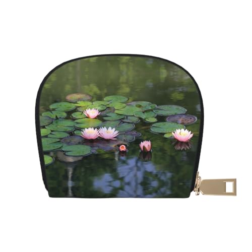 BACKZY Schöne Lotusblüte gedruckt und modische halbrunde Lederschalen-Kartentasche, geeignet zum Mitnehmen von BACKZY