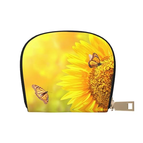 BACKZY Schöne Schmetterlings-bedruckte und modische halbrunde Lederhülle, geeignet zum Mitnehmen, Sonnenblume Schmetterling Sonne, Einheitsgröße von BACKZY