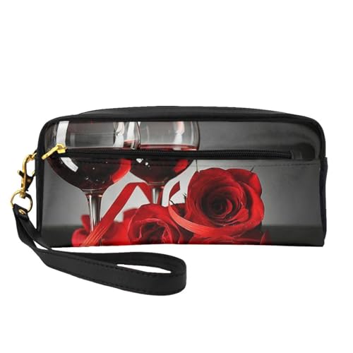 Modische Kosmetiktasche aus Leder mit Rotweinrosen und Kerzen, multifunktionale Aufbewahrungstasche, Schwarz , Einheitsgröße von BACKZY