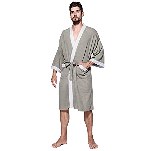 BADA Herren Kimono Robe Baumwolle Waffel Spa Bademantel Leicht Weich Knielang Nachtwäsche mit Taschen, B-grau, M von BADA