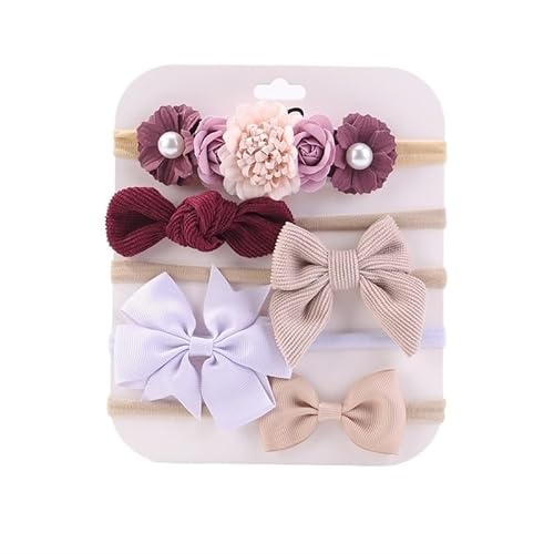 Süße elastische Stirnbänder for Mädchen, Schleife, gestrickt, Nylon-Stirnbänder, 5 Stück/Set, hübsche Blumen-Haarbänder, Dekoration, Kopfbedeckung (Color : 3523-6) von BADALO