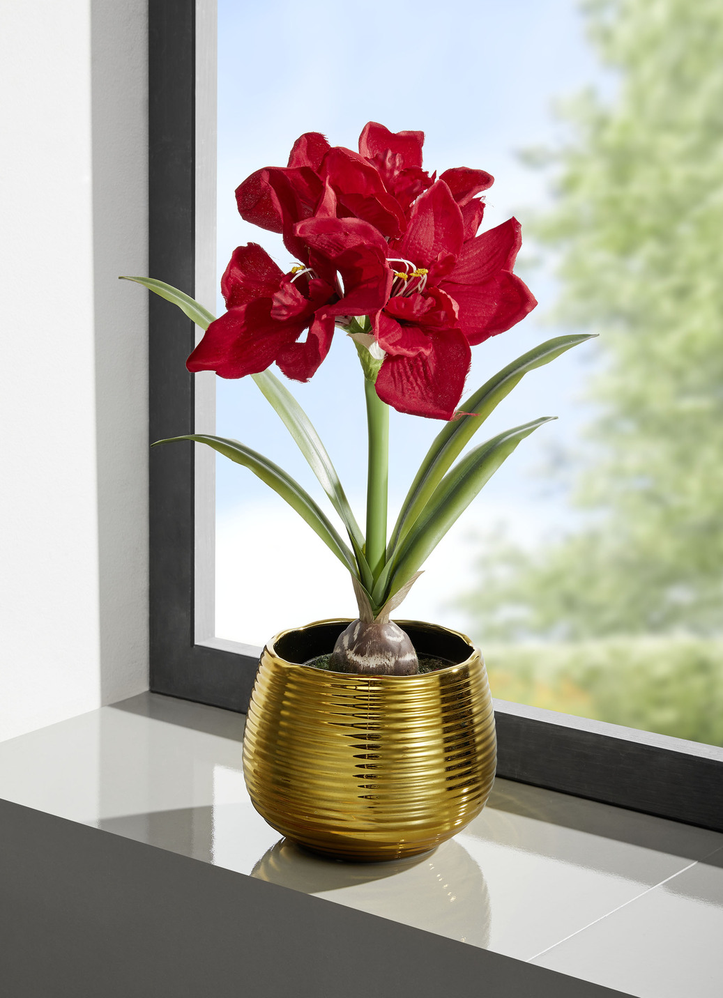Amaryllis-Gesteck in goldenem Topf, Rot-Grün-Gold von BADER