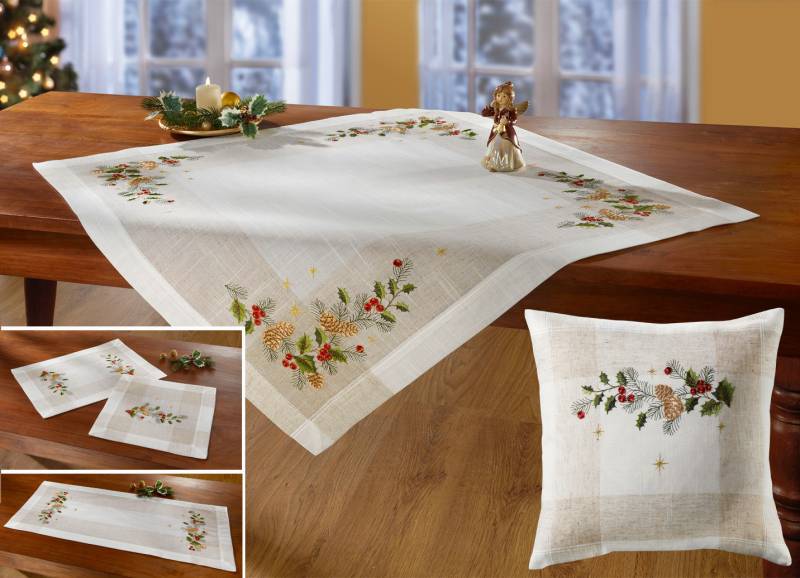 Aufwendig bestickte Tischdecke oder Kissenbezug, Größe 300 (2 Deckchen, 35x 35 cm), Sekt-Bunt von BADER
