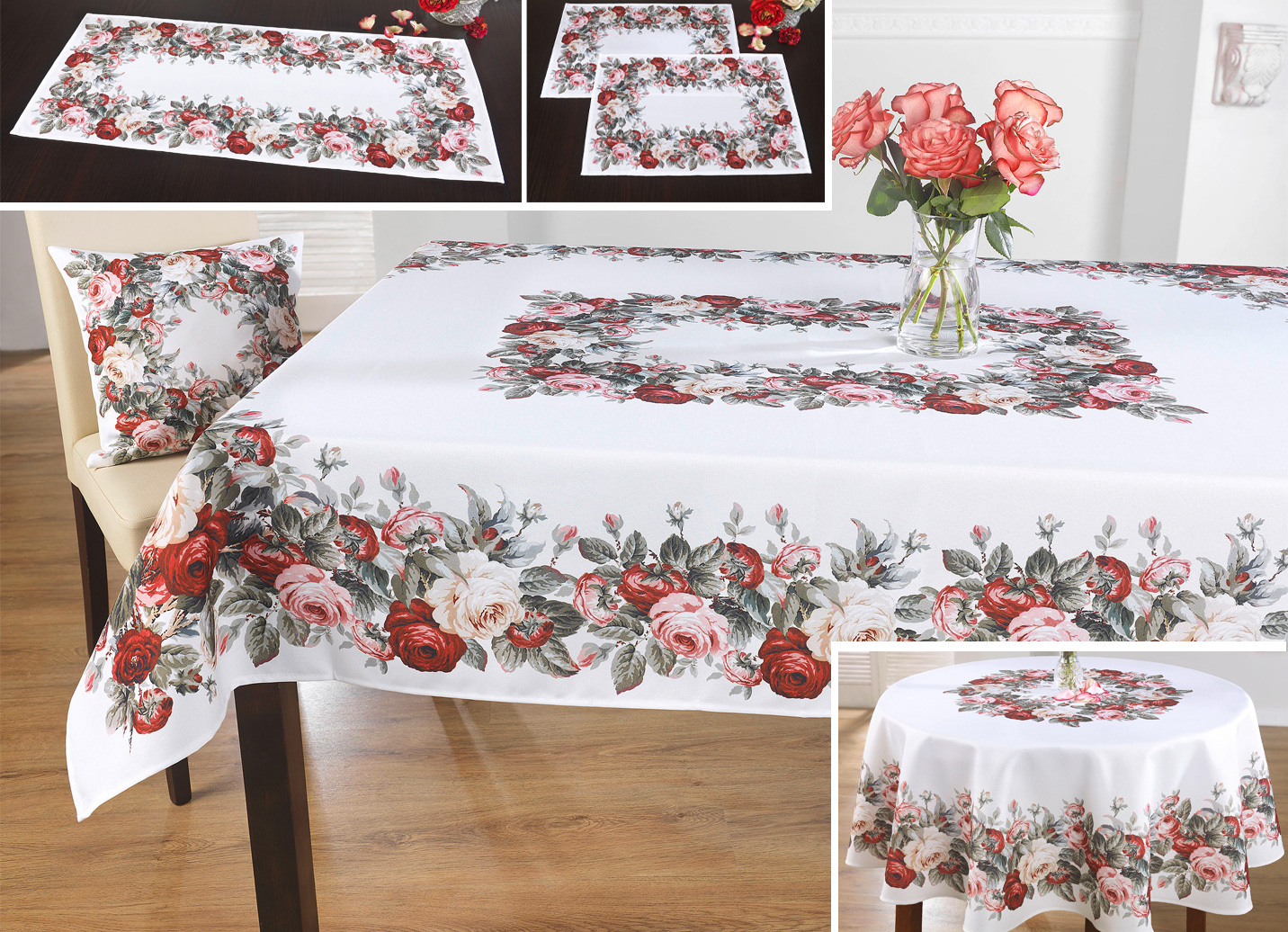Aussdrucksstarke Tischdecke mit bezauberndem Rosen-Dessin, Größe 150 (Tischdecke rund mit Mitteilteil, ø 150 cm), Ecru-Bunt von BADER
