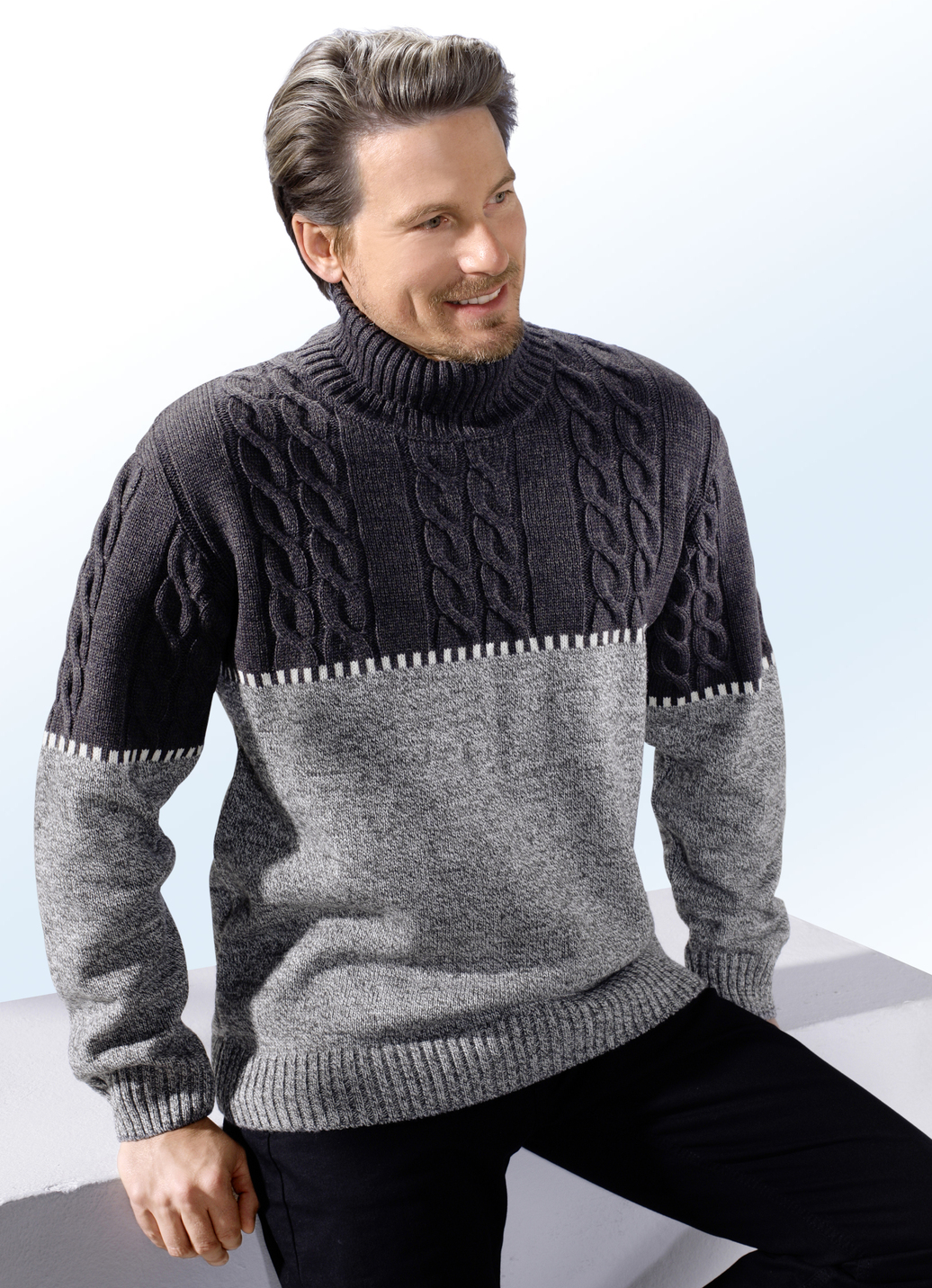 Außergewöhnlicher Rollkragenpullover, Grau-Marone, Größe 48 von BADER