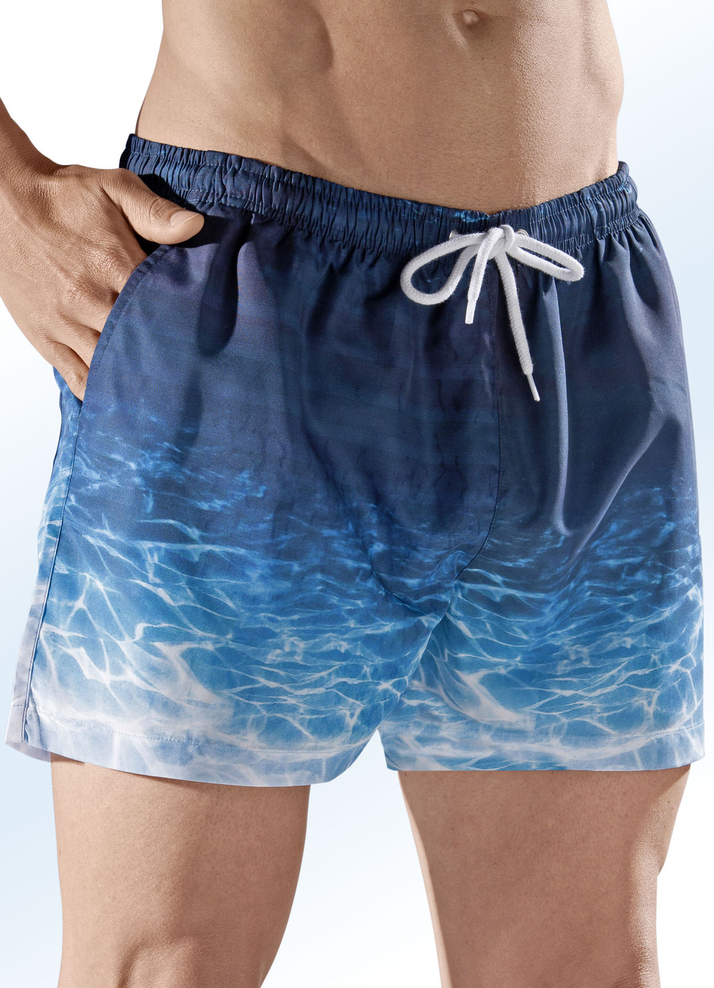 Badeshorts, Gesäßtasche mit Klettverschluss, Microfaser, Indigo-Türkis-Weiss, Größe 10 von BADER