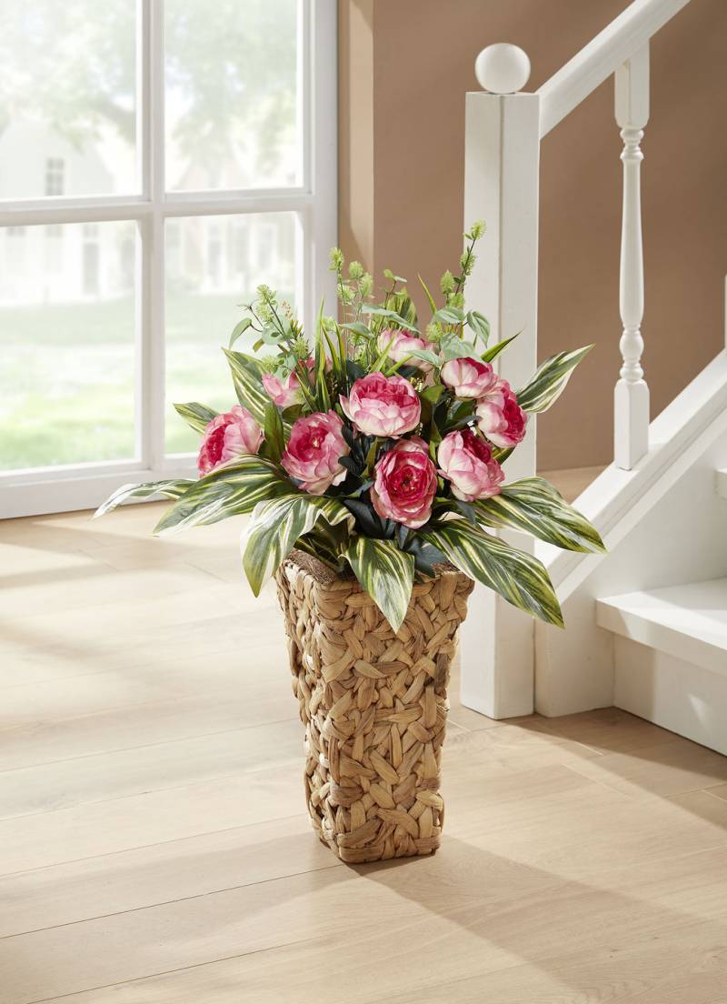 Bauernrosen in Wasserhyazinthen-Korb, Pink, Topf in natur, Pink-Grün von BADER