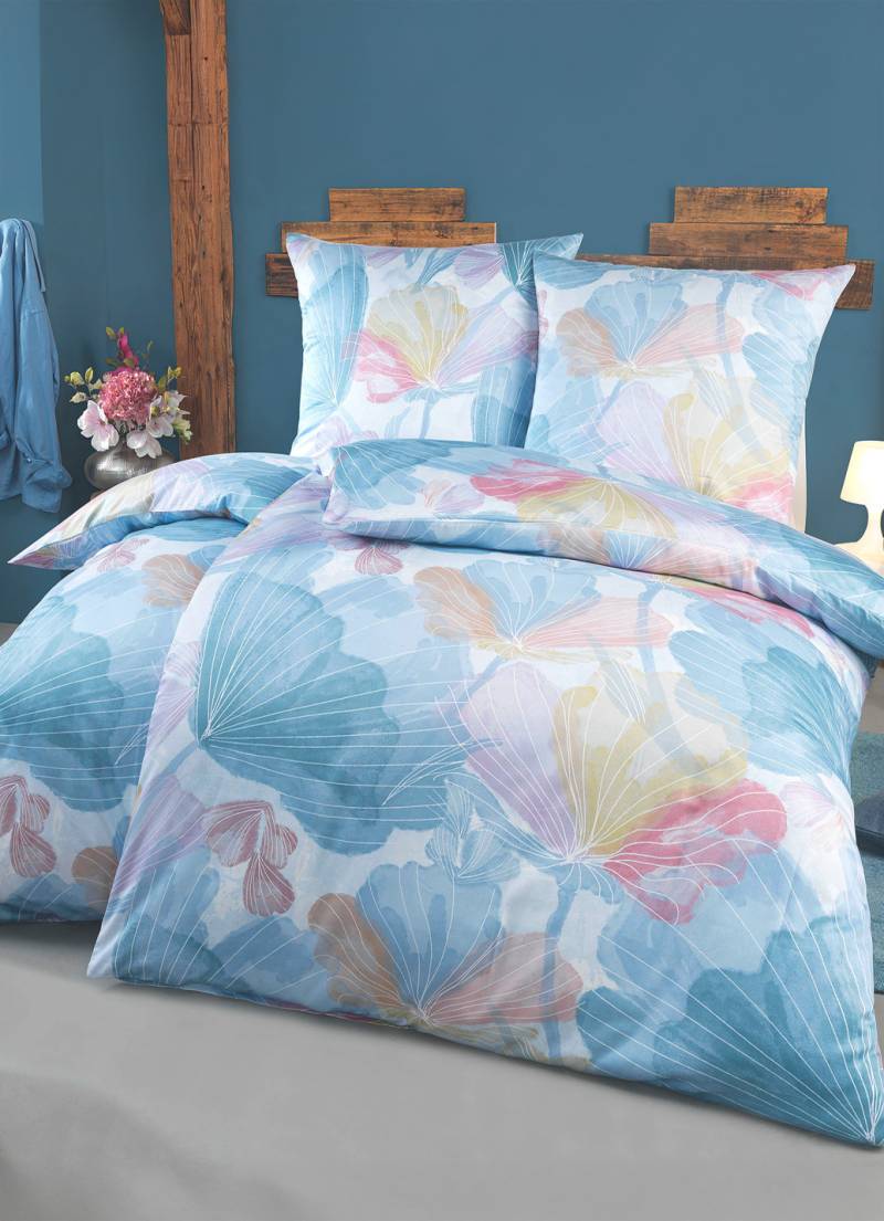 Beidseitig bedruckte Bettwäsche-Garnitur in Mako-Satin-Qualität, Größe 112 (80/80 cm + 135/200 cm), Blau-Bunt von BADER