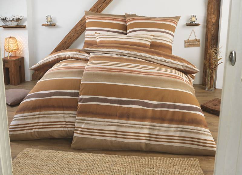 Beidseitig bedruckte Bettwäsche-Garnitur in Polycotton-Qualität, Größe 112 (80x80 cm + 135x200 cm), Beige-Braun von BADER