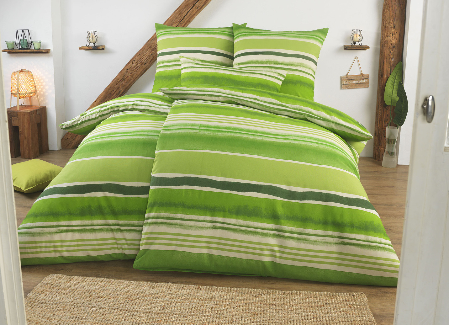 Beidseitig bedruckte Bettwäsche-Garnitur in Polycotton-Qualität, Größe 112 (80x80 cm + 135x200 cm), Grün von BADER