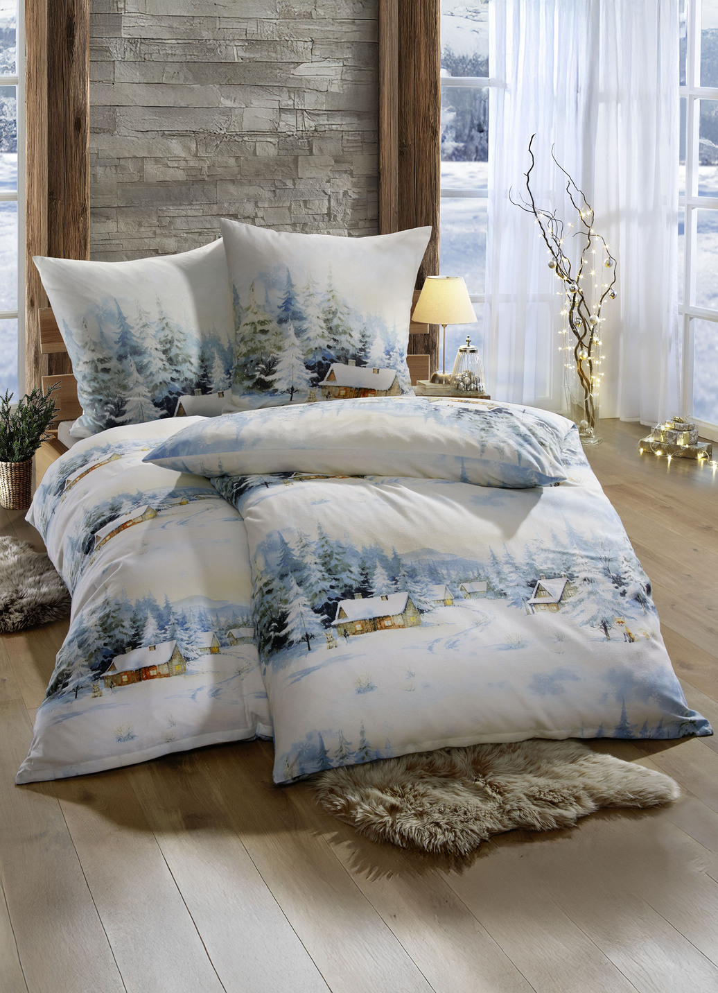 Beidseitig bedruckte Bettwäsche-Garnitur mit Winterlandschaft, Größe 112 (80x80 cm + 135x200 cm), Multicolor von BADER
