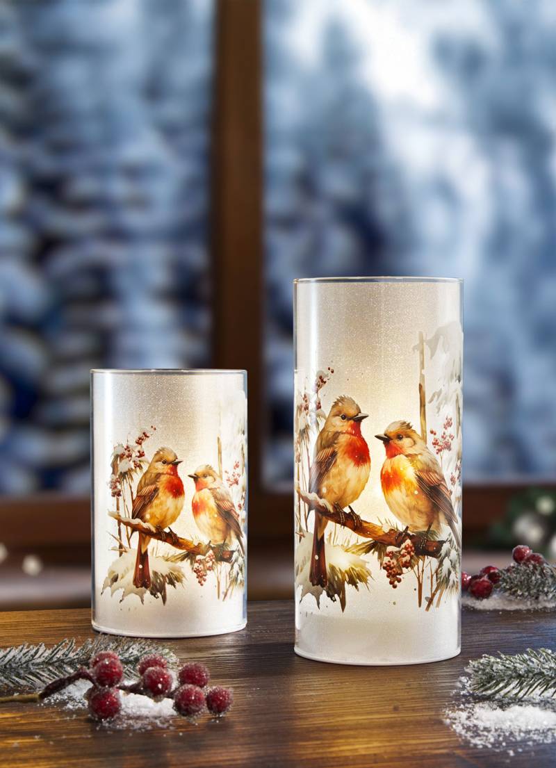 Beleuchtetes Windlicht aus Milchglas, 2er-Set, Weiss-Braun-Rot von BADER