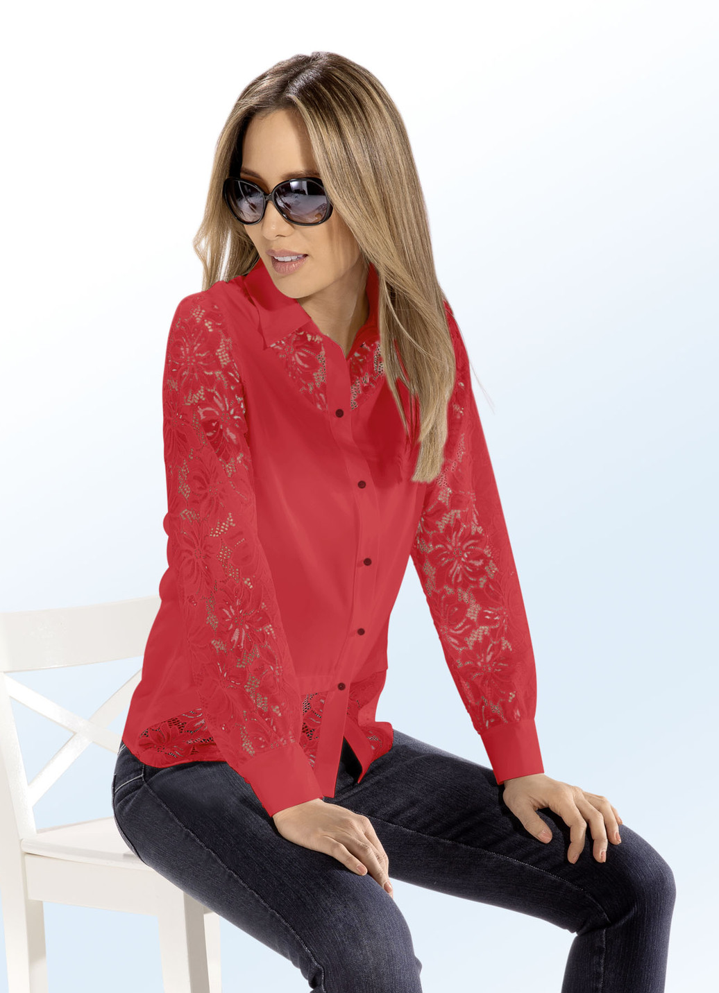 Bluse mit hübscher Spitze, Rot, Größe 48 von BADER