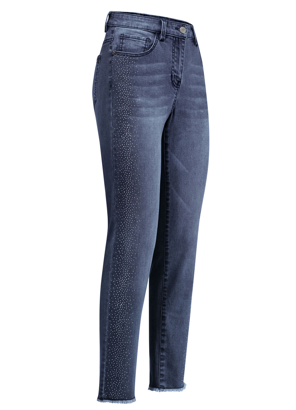 Edel-Jeans mit tollen Glitzersteinchen und Fransensaum, Dunkelblau, Größe 42 von BADER