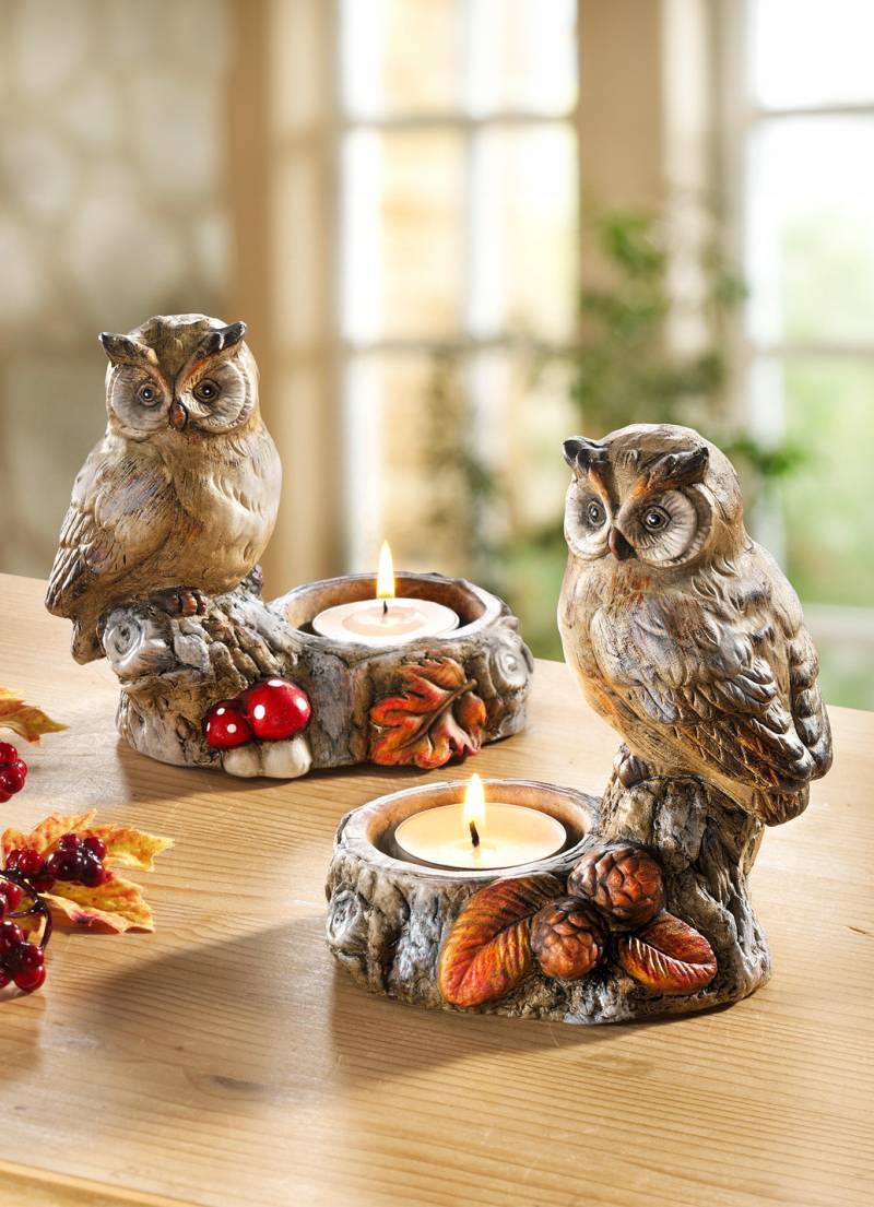 Eulen-Teelichthalter im 2er-Set, Braun von BADER
