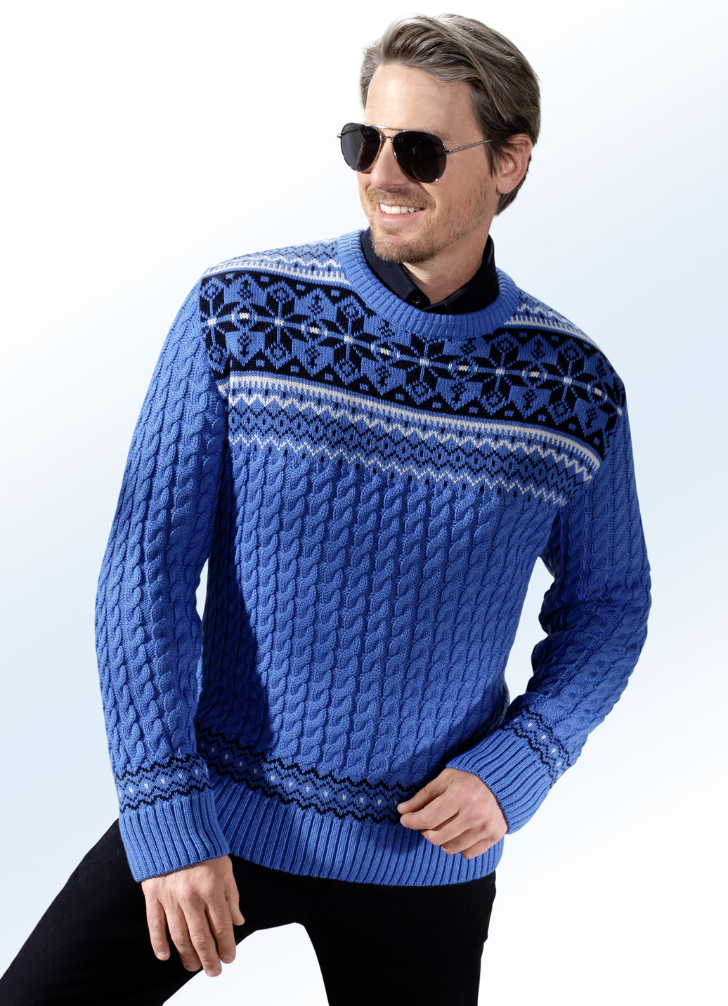 Fantasievoller Pullover mit Zopfmuster, Blau, Größe 60 von BADER