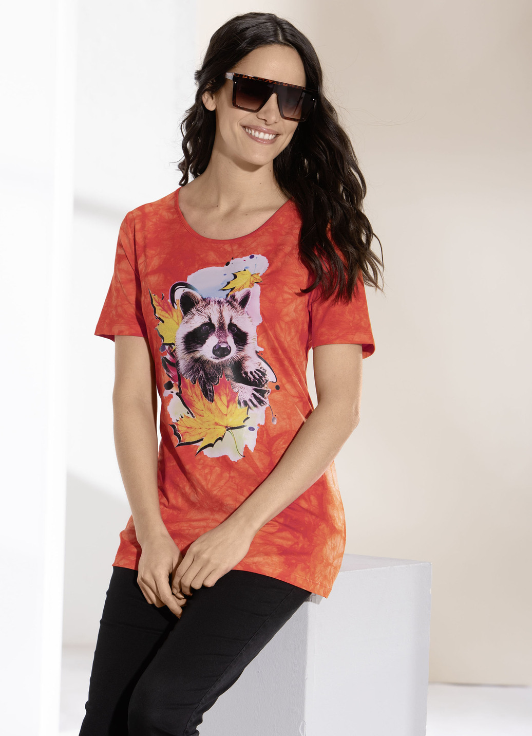 Flottes Shirt mit farbbrillantem Inkjet-Druck in 2 Farben, Orange Batik, Größe 42 von BADER