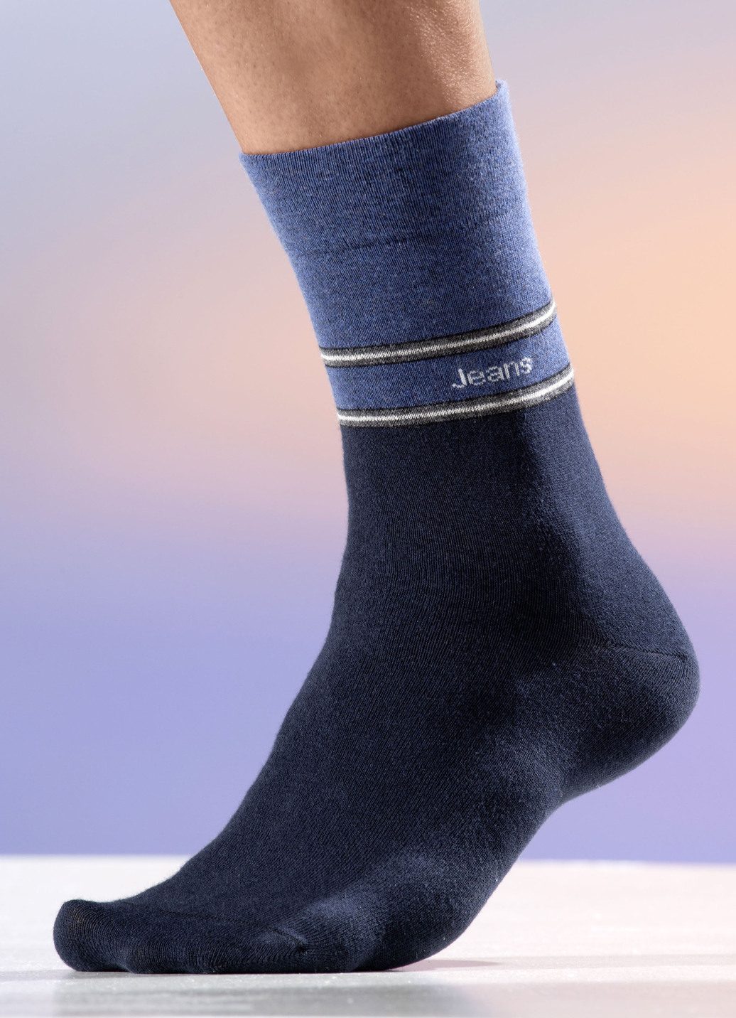 Fünferpack Socken mit druckfreiem Bund, 3X Marine-Jeansblau, 2X Jeansblau-Marine, Größe 002 (Schuhgröße 43-46) von BADER