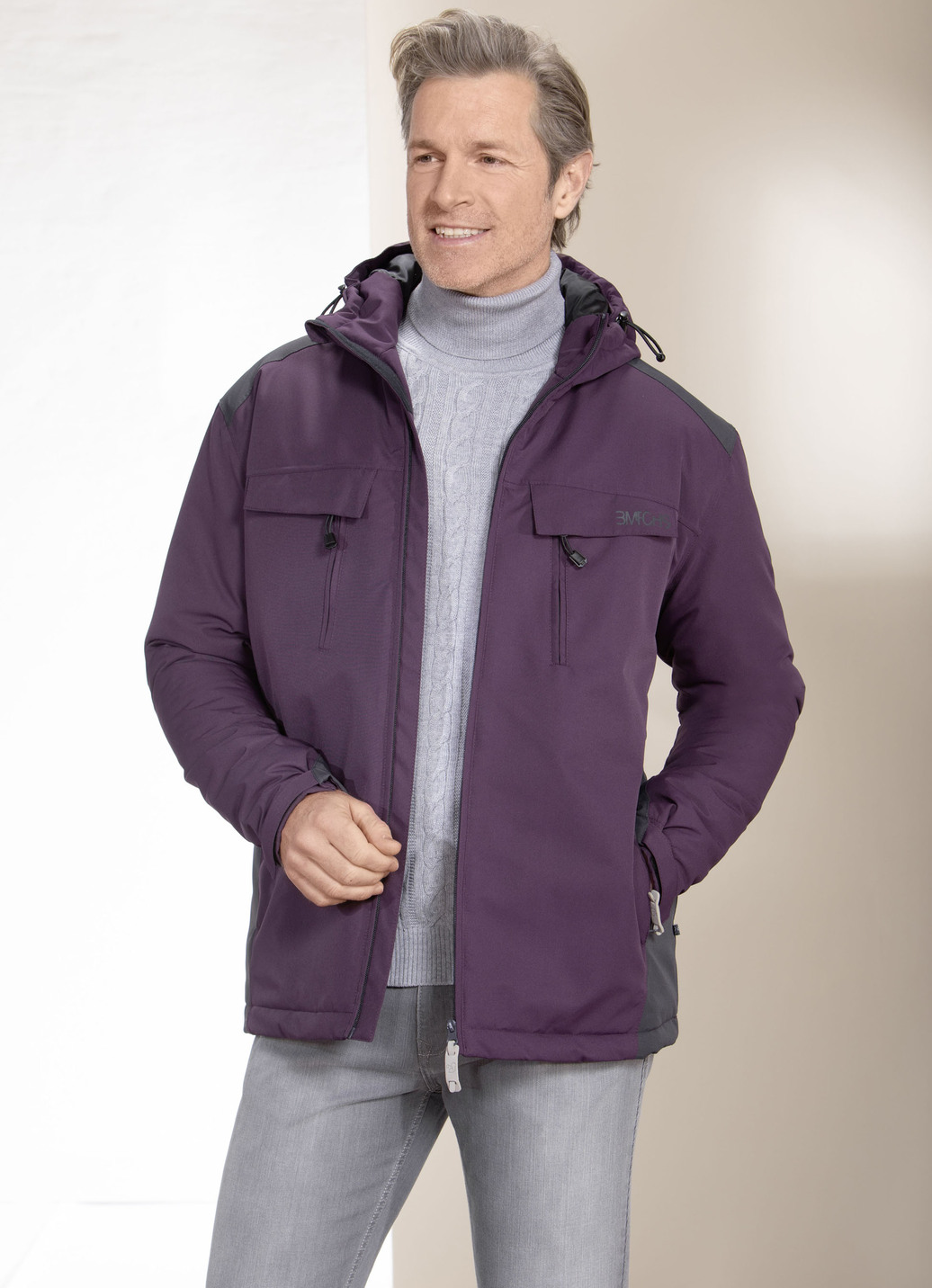 Funktionsjacke mit Kapuze, Größe 3XL (58), Aubergine-Anthrazit von BADER