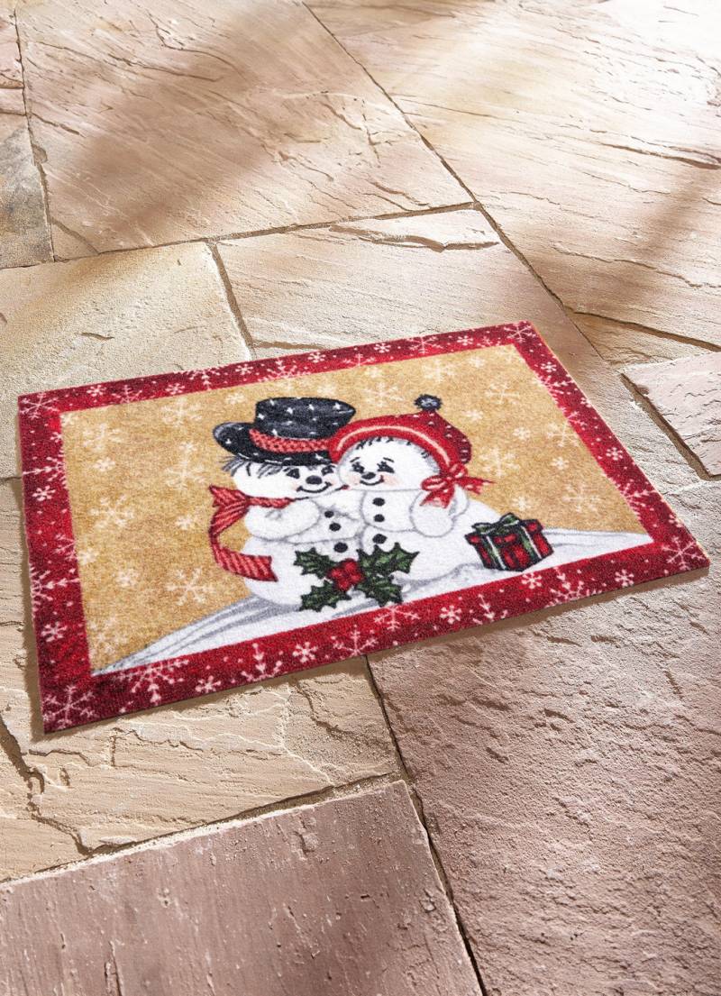 Fußmatte mit Schneemann-Motiv, Rot-Beige von BADER