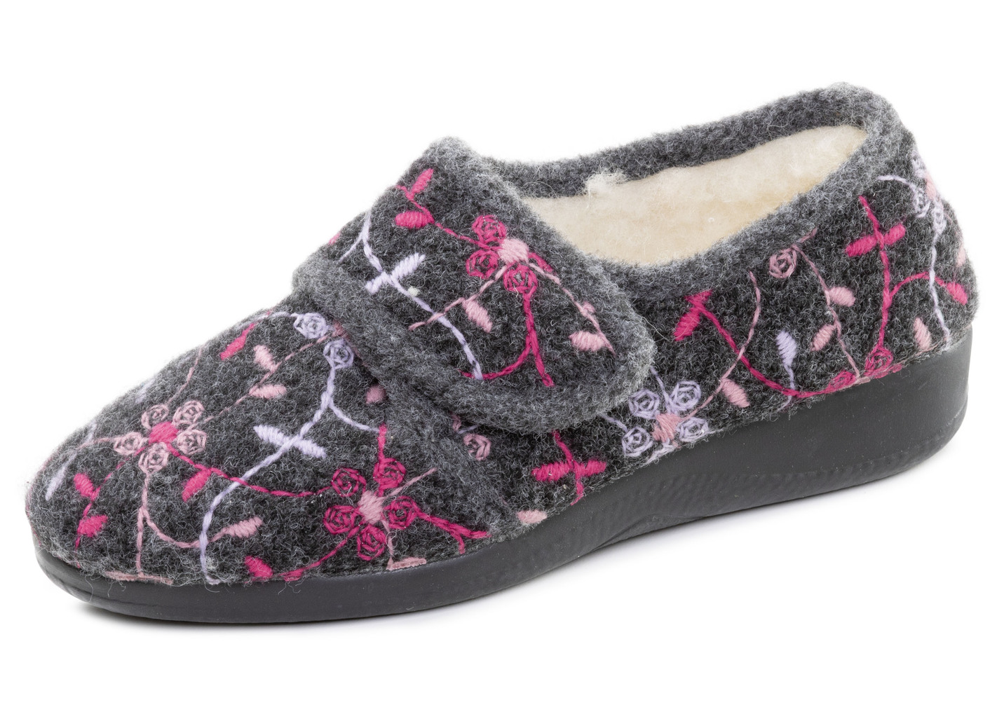 Gefütterte Damen-Hausschuhe, mit Klettverschluss, Anthrazit, Größe 41 von BADER
