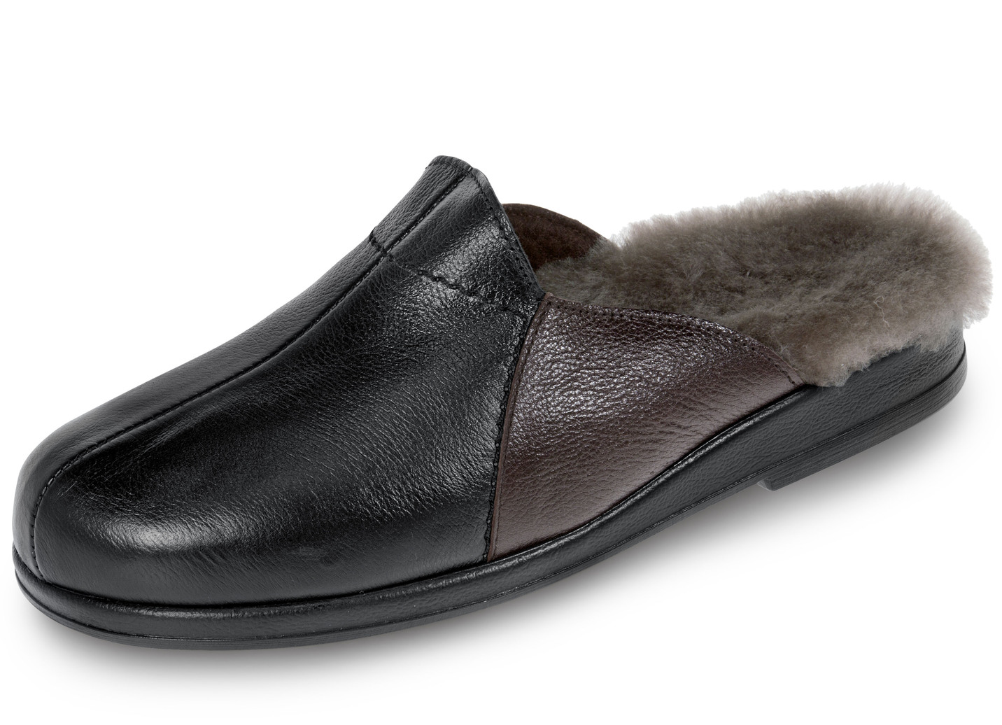 Gefütterte Herren-Hausschuhe, mit Lammfell, Schwarz-Mokka, Größe 46 von BADER