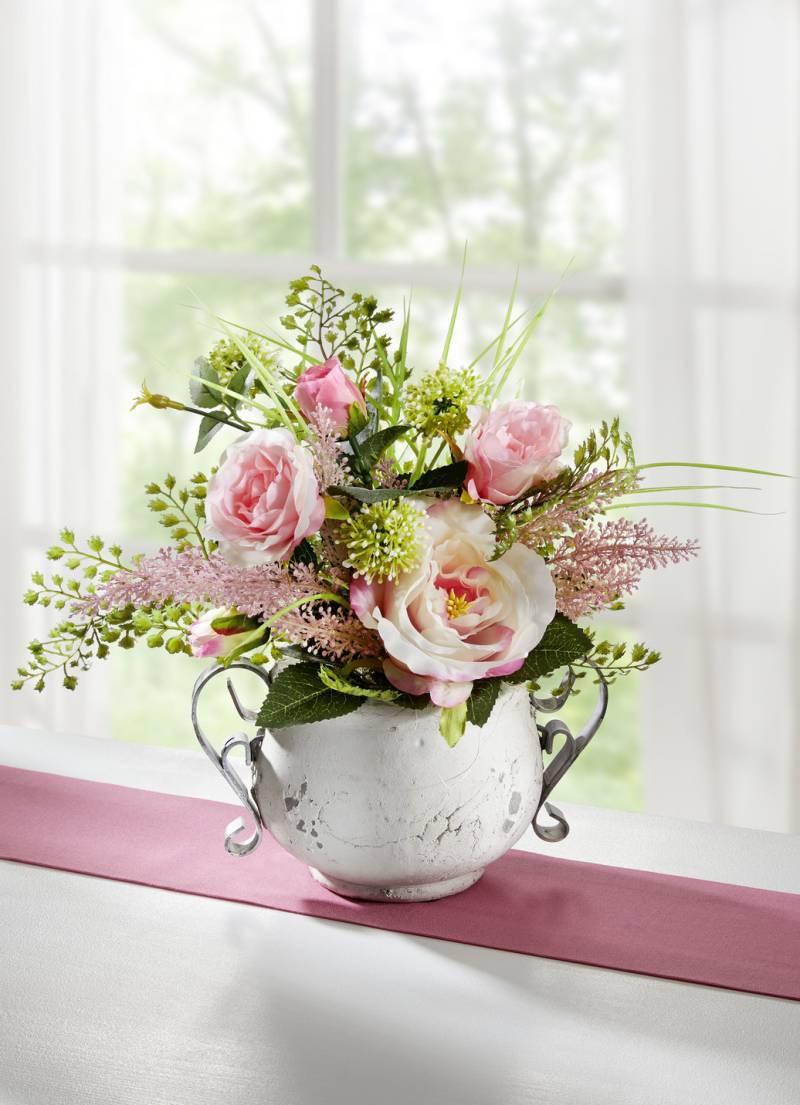 Gesteck in Topf aus Kunst- und Textilmaterial, Grün-Rosé von BADER