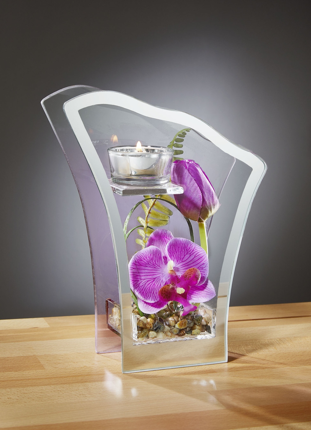 Glas-Teelichthalter mit Spiegelumrandung, Lila-Grün von BADER